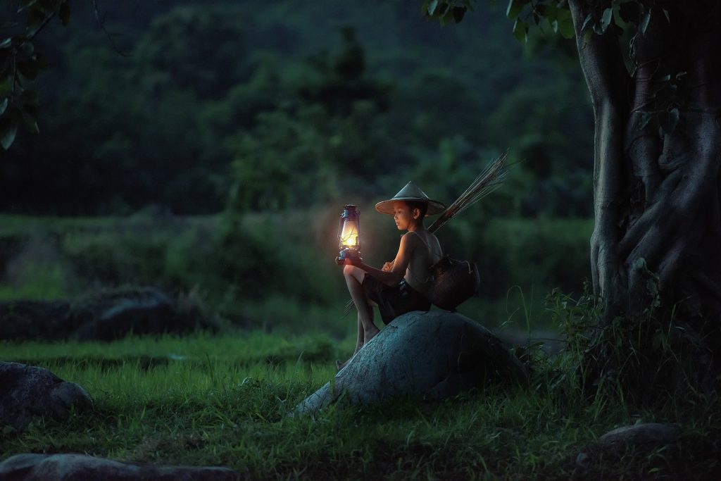 Boy in field with lantern